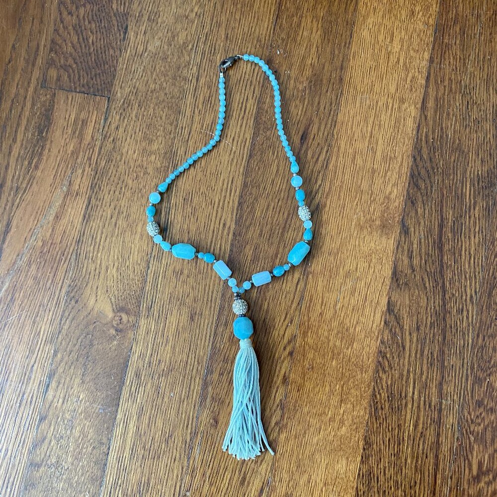 Light Blue Beaded Tassel Necklace